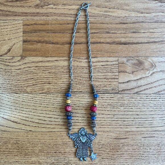 Rare Vintage Marcie USA Designer Hammered Pewter Angel Pendant Necklace Beads - Picture 1 of 7